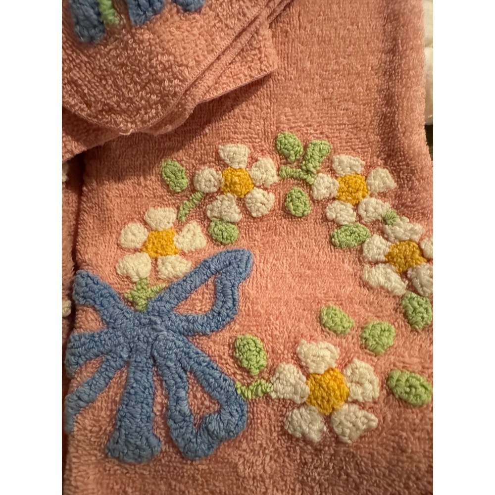 Cannon Pink Cotton Towel Set 4 Blue Bow Daisy Floral Embroidery Cottagecore Vtg - Picture 3 of 10